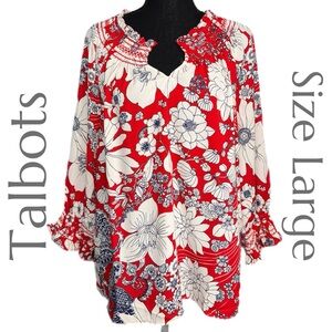 Talbots - Red Floral Smocked Blouse - Long Sleeve Boho Peasant Top - Size Large